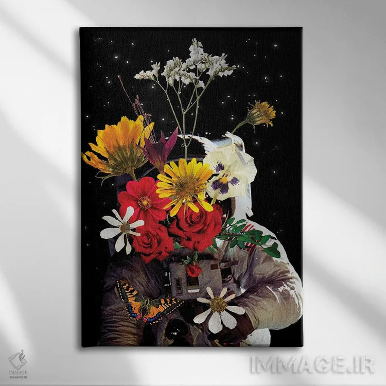 تابلو دکوراتیو هنر کلاژ گل فضانوردی اثر ادسون راموس - نمای روبهرو روی دیوار