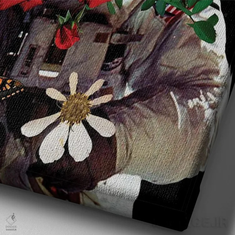 تابلو دکوراتیو هنر کلاژ گل فضانوردی اثر ادسون راموس - نمای نزدیک بافت بوم