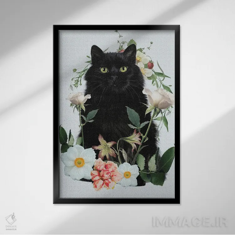 تابلو دکوراتیو گربه گل دار اثر ادسون راموس - نمای قابدار مشکی