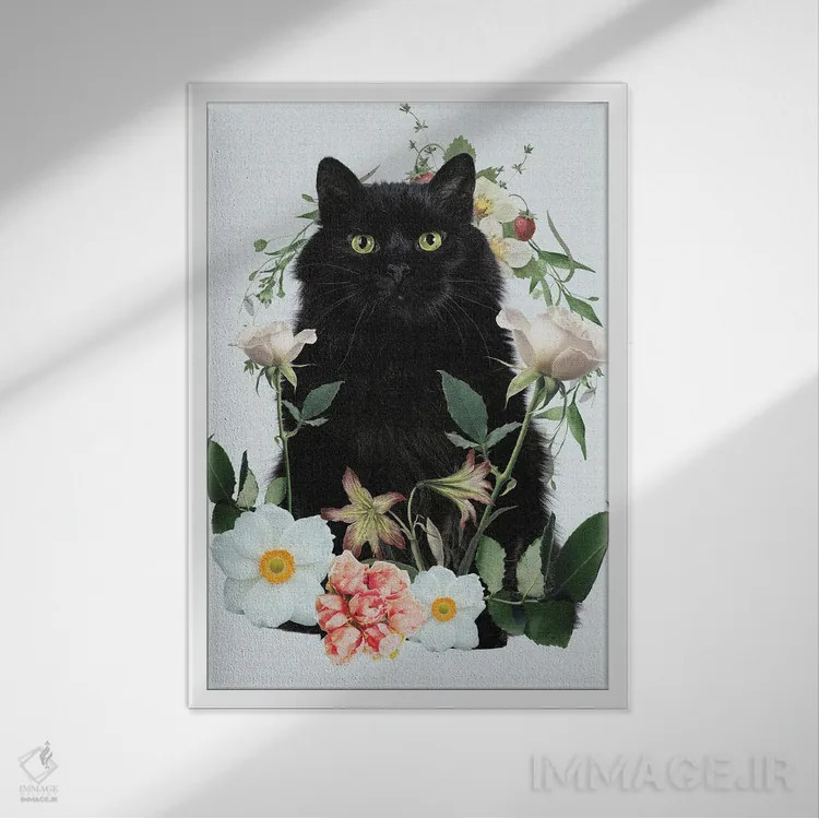 تابلو دکوراتیو گربه گل دار اثر ادسون راموس - نمای قابدار سفید