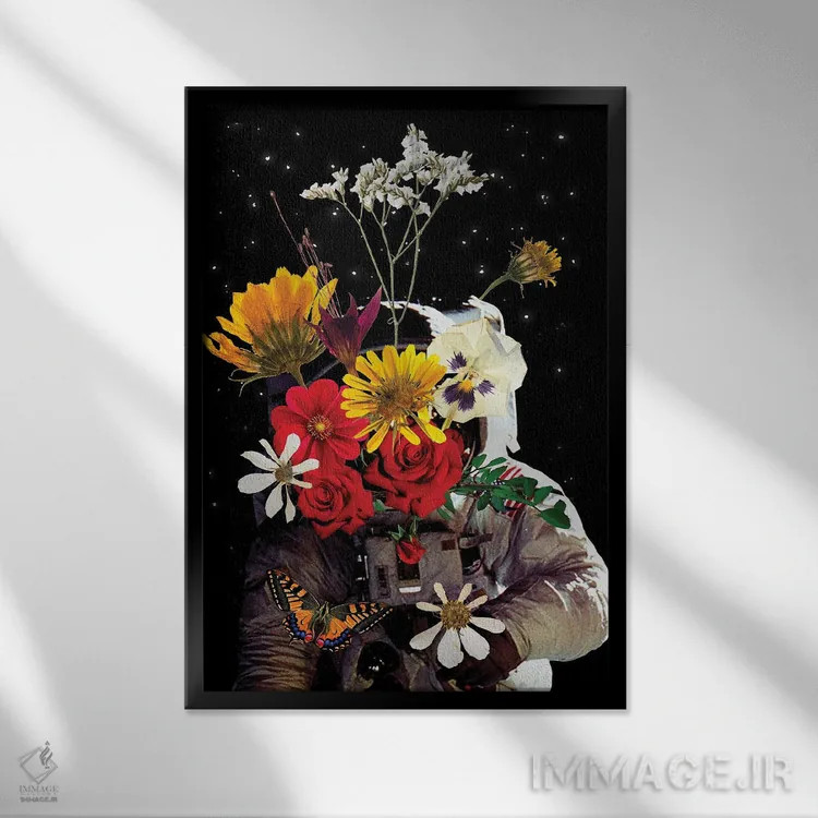 تابلو دکوراتیو هنر کلاژ گل فضانوردی اثر ادسون راموس - نمای قابدار مشکی
