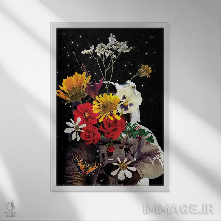 تابلو دکوراتیو هنر کلاژ گل فضانوردی اثر ادسون راموس - نمای قابدار سفید