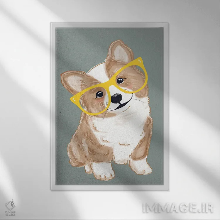 تابلو دکوراتیو کورگی بامزه اثر ادسون راموس - نمای قابدار سفید