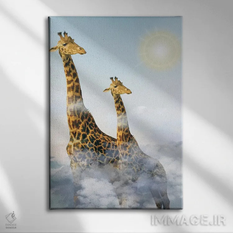 تابلو دکوراتیو زرافه ها و ابرها اثر ادسون راموس - نمای روبهرو روی دیوار