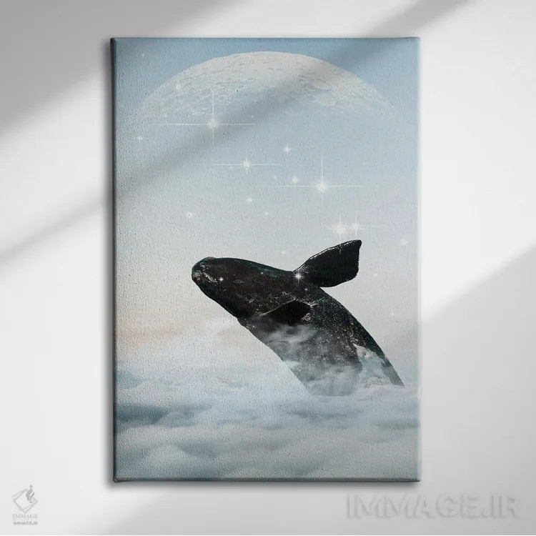تابلو دکوراتیو نهنگ در آسمان اثر ادسون راموس - نمای روبهرو روی دیوار