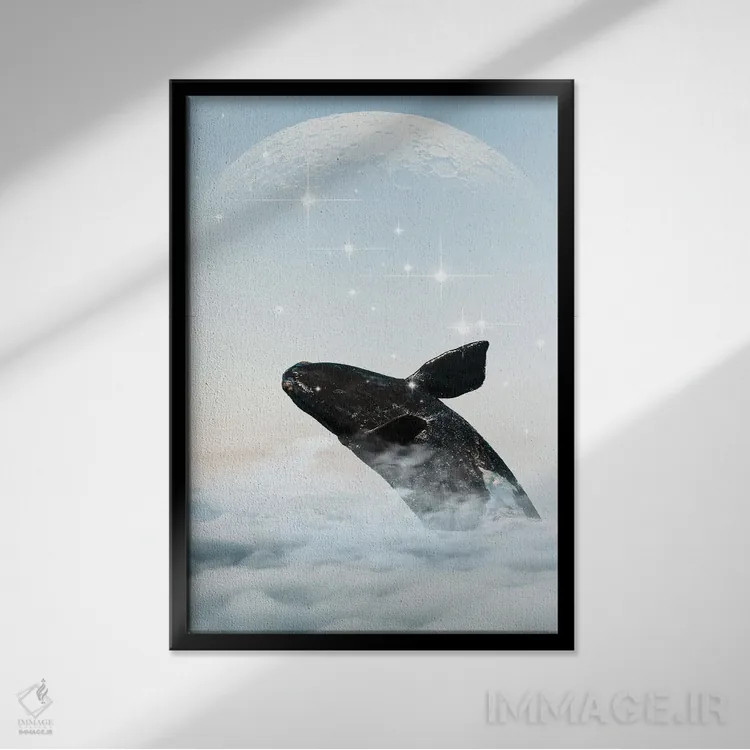 تابلو دکوراتیو نهنگ در آسمان اثر ادسون راموس - نمای قابدار مشکی