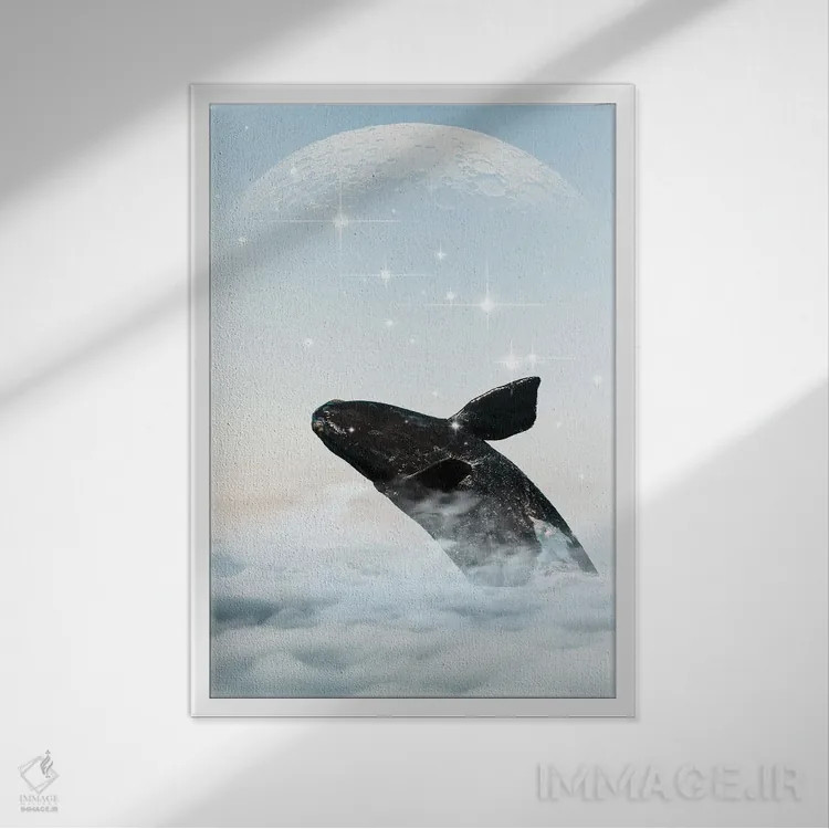 تابلو دکوراتیو نهنگ در آسمان اثر ادسون راموس - نمای قابدار سفید