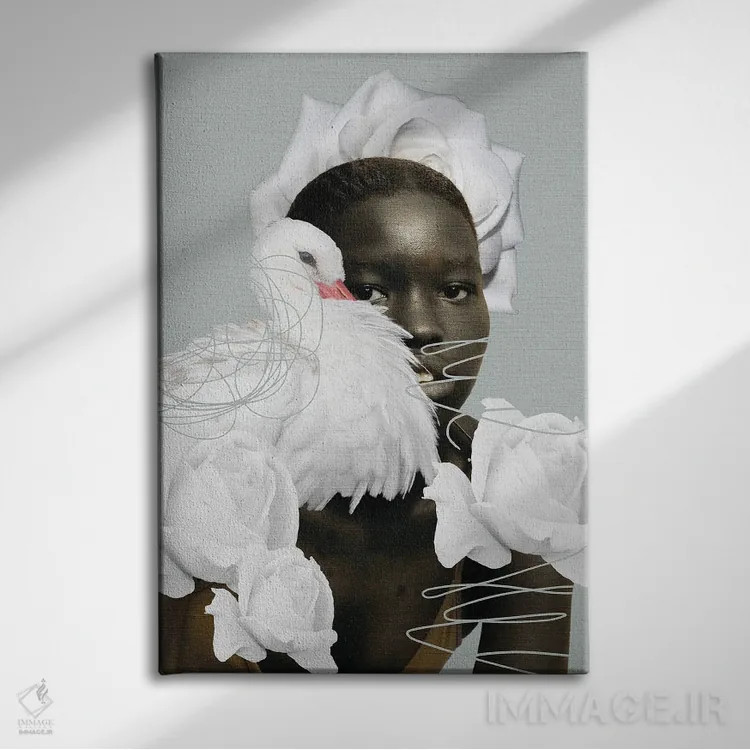 تابلو دکوراتیو قو و رزهای سفید اثر ادسون راموس - نمای روبهرو روی دیوار