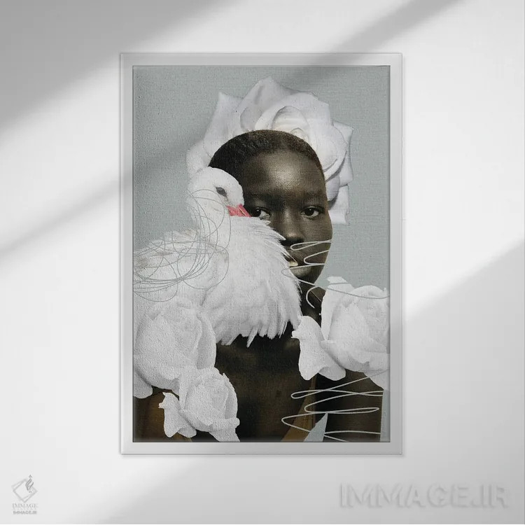 تابلو دکوراتیو قو و رزهای سفید اثر ادسون راموس - نمای قابدار سفید