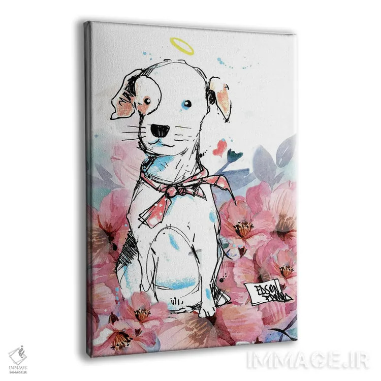 تابلو دکوراتیو سگ و گل ها اثر ادسون راموس - نمای پرسپکتیو محصول