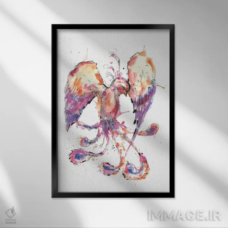 تابلو دکوراتیو ققنوس آبرنگی اثر ادسون راموس - نمای قابدار مشکی