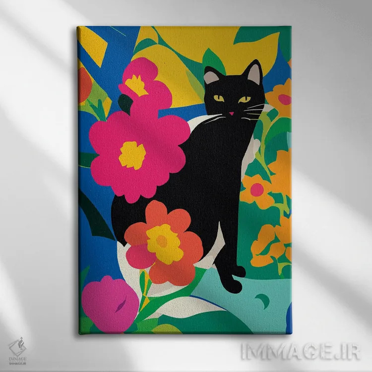 تابلو انتزاعی گربه و گل ها اثر ادسون راموس - نمای روبهرو روی دیوار