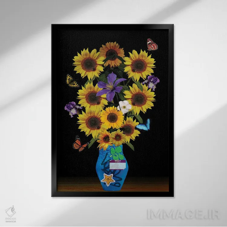 تابلو دکوراتیو گلدان آفتابگردان اثر ادسون راموس - نمای قابدار مشکی