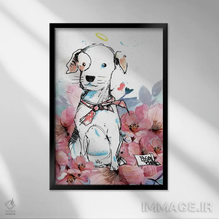 تابلو دکوراتیو سگ و گل ها اثر ادسون راموس - نمای قابدار مشکی
