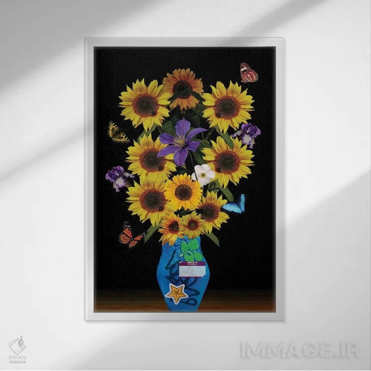 تابلو دکوراتیو گلدان آفتابگردان اثر ادسون راموس - نمای قابدار سفید