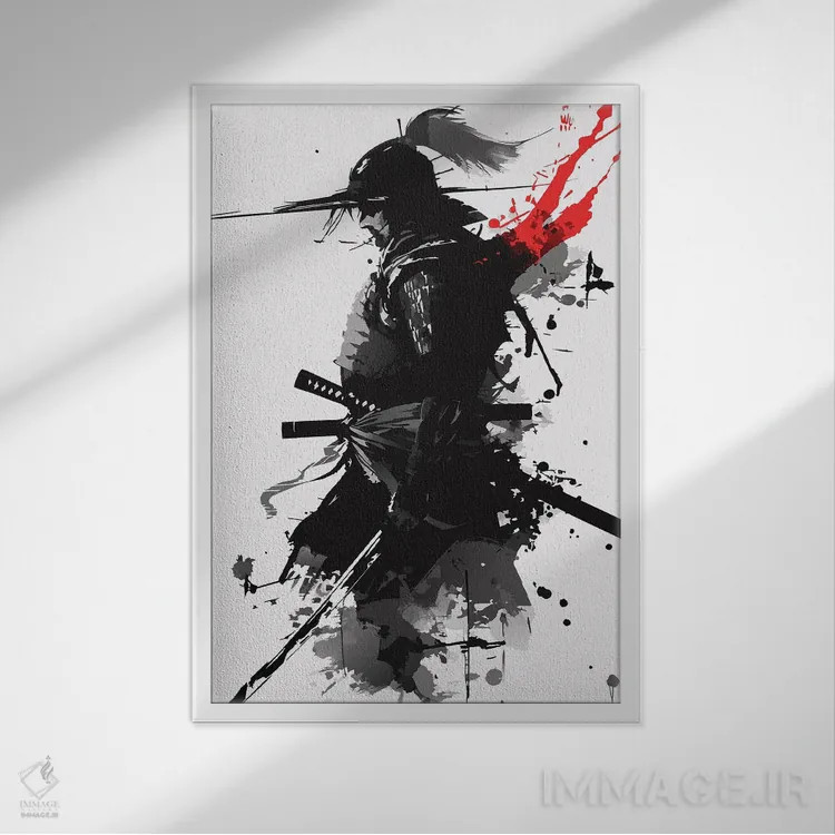 تابلو دکوراتیو سیلوئت جنگجوی سامورایی اثر ادسون راموس - نمای قابدار سفید
