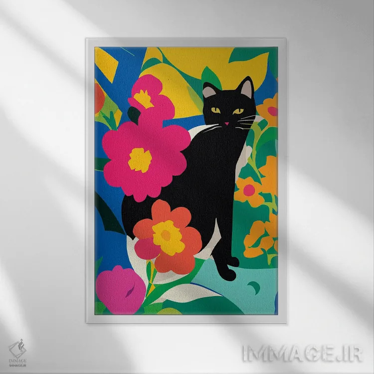 تابلو انتزاعی گربه و گل ها اثر ادسون راموس - نمای قابدار سفید