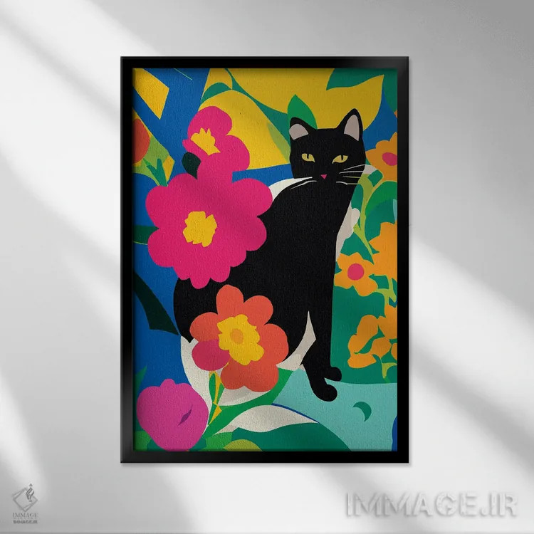 تابلو انتزاعی گربه و گل ها اثر ادسون راموس - نمای قابدار مشکی