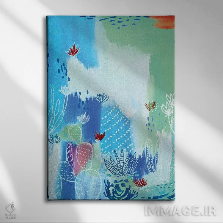تابلو انتزاعی بیابان آبی اثر اتاوی - نمای روبهرو روی دیوار