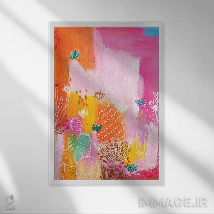 تابلو انتزاعی بیابان صورتی اثر اتاوی - نمای قابدار سفید