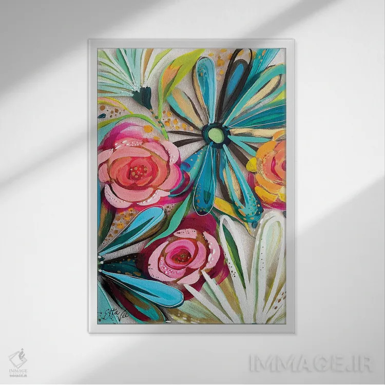 تابلو دکوراتیو گل ها روی شیشه II اثر اتاوی - نمای قابدار سفید