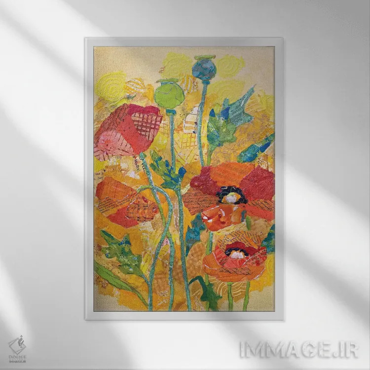 تابلو دکوراتیو کلاژ شقایق ۱ اثر الیزابت سن هیلر - نمای قابدار سفید