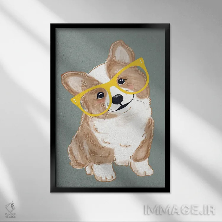 تابلو دکوراتیو کورگی بامزه اثر ادسون راموس - نمای قابدار مشکی