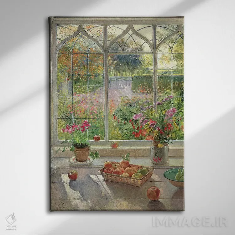 تابلو کلاسیک میوه و گل های پاییزی اثر تیموتی ایستون - نمای روبهرو روی دیوار