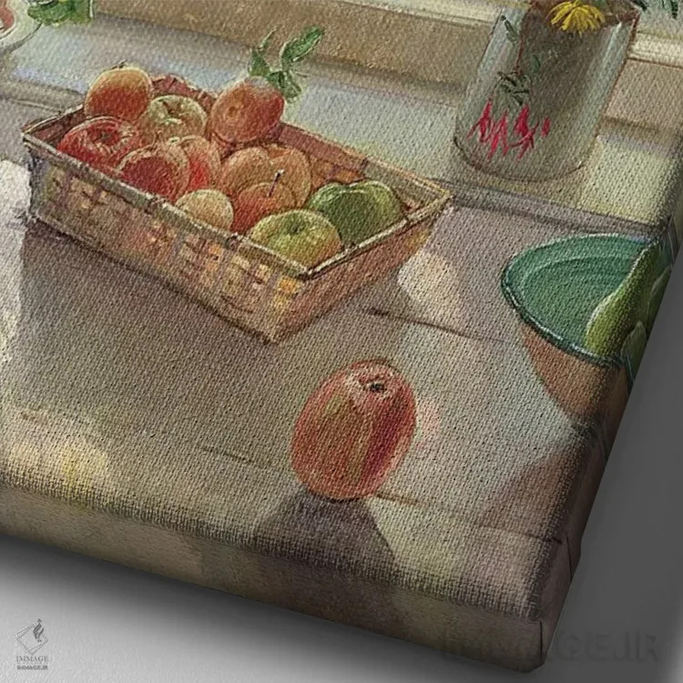 تابلو کلاسیک میوه و گل های پاییزی اثر تیموتی ایستون - نمای نزدیک بافت بوم