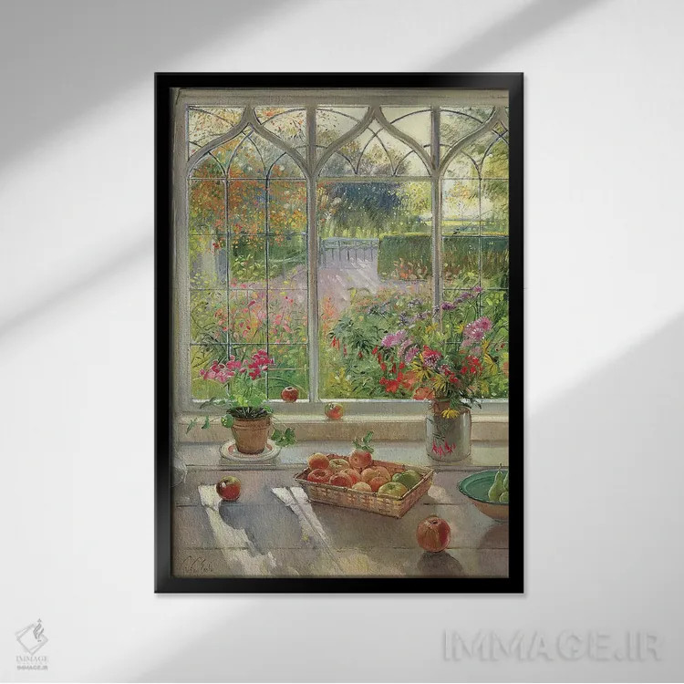 تابلو کلاسیک میوه و گل های پاییزی اثر تیموتی ایستون - نمای قابدار مشکی