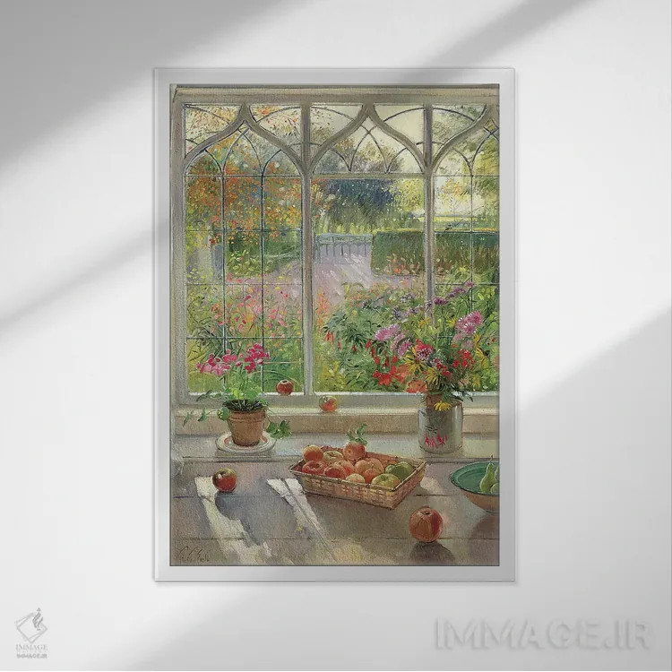 تابلو کلاسیک میوه و گل های پاییزی اثر تیموتی ایستون - نمای قابدار سفید