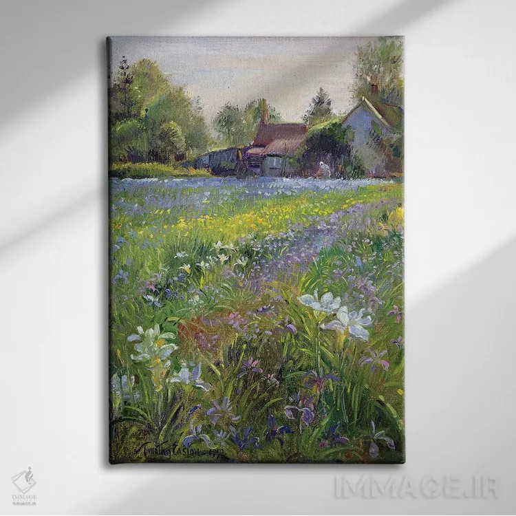 تابلو کلاسیک زنبق های کوتاه و کلبه، ۱۹۹۳ اثر تیموتی ایستون - نمای روبهرو روی دیوار