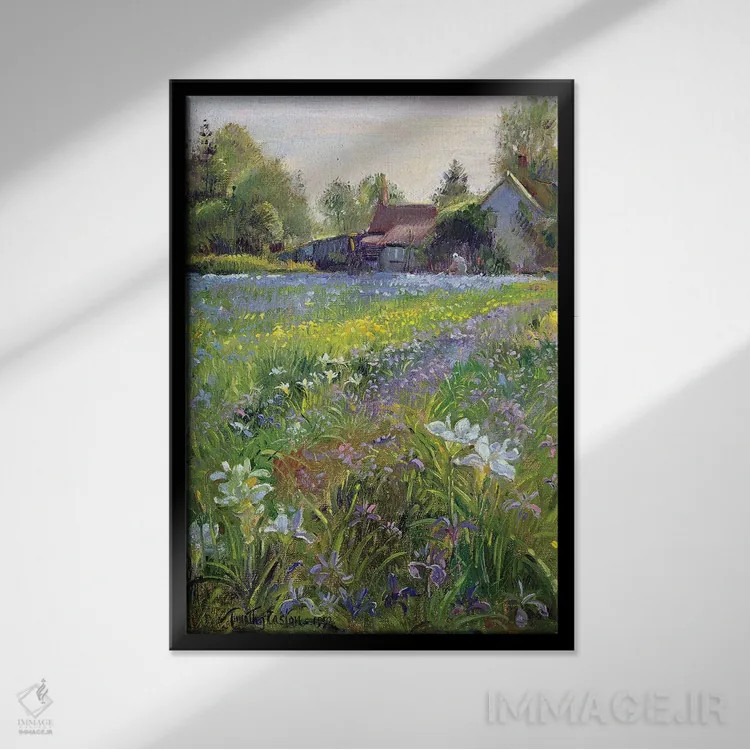 تابلو کلاسیک زنبق های کوتاه و کلبه، ۱۹۹۳ اثر تیموتی ایستون - نمای قابدار مشکی