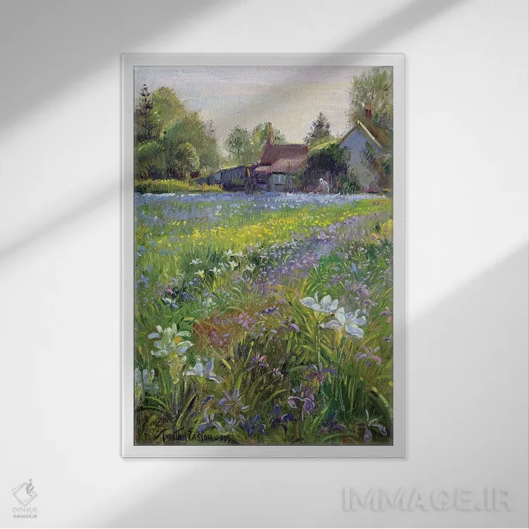 تابلو کلاسیک زنبق های کوتاه و کلبه، ۱۹۹۳ اثر تیموتی ایستون - نمای قابدار سفید