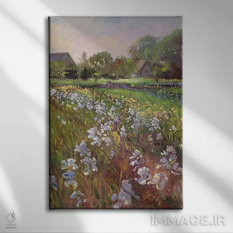 تابلو کلاسیک زنبق های سفید و خانه روستایی اثر تیموتی ایستون - نمای روبهرو روی دیوار