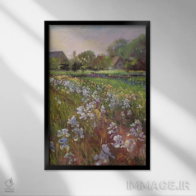 تابلو کلاسیک زنبق های سفید و خانه روستایی اثر تیموتی ایستون - نمای قابدار مشکی