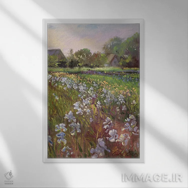 تابلو کلاسیک زنبق های سفید و خانه روستایی اثر تیموتی ایستون - نمای قابدار سفید