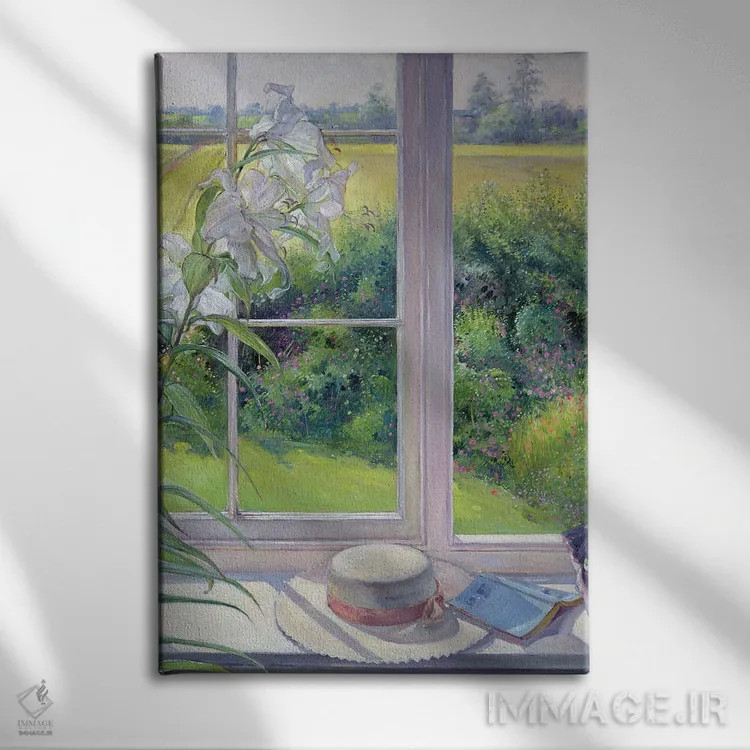 تابلو کلاسیک صندلی کنار پنجره و سوسن ، ۱۹۹۱ اثر تیموتی ایستون - نمای روبهرو روی دیوار