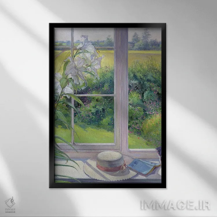 تابلو کلاسیک صندلی کنار پنجره و سوسن ، ۱۹۹۱ اثر تیموتی ایستون - نمای قابدار مشکی