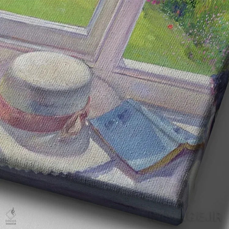 تابلو کلاسیک صندلی کنار پنجره و سوسن ، ۱۹۹۱ اثر تیموتی ایستون - نمای نزدیک بافت بوم