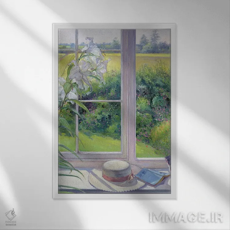 تابلو کلاسیک صندلی کنار پنجره و سوسن ، ۱۹۹۱ اثر تیموتی ایستون - نمای قابدار سفید