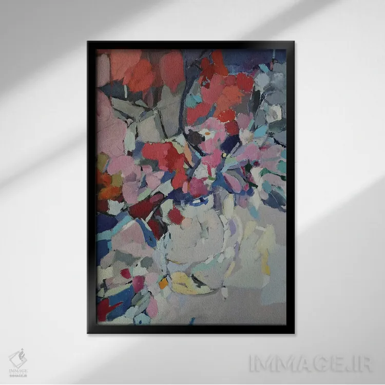 تابلو انتزاعی رنگ های وحشی در یک گلدان اثر النا شرایبمن - نمای قابدار مشکی