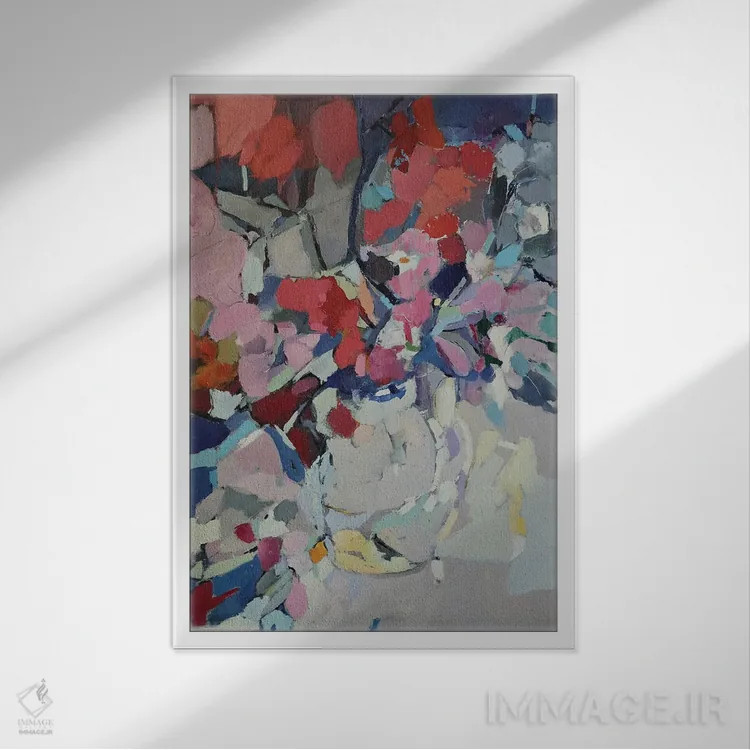 تابلو انتزاعی رنگ های وحشی در یک گلدان اثر النا شرایبمن - نمای قابدار سفید