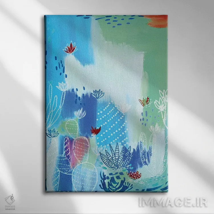 تابلو انتزاعی بیابان آبی اثر اتاوی - نمای روبهرو روی دیوار