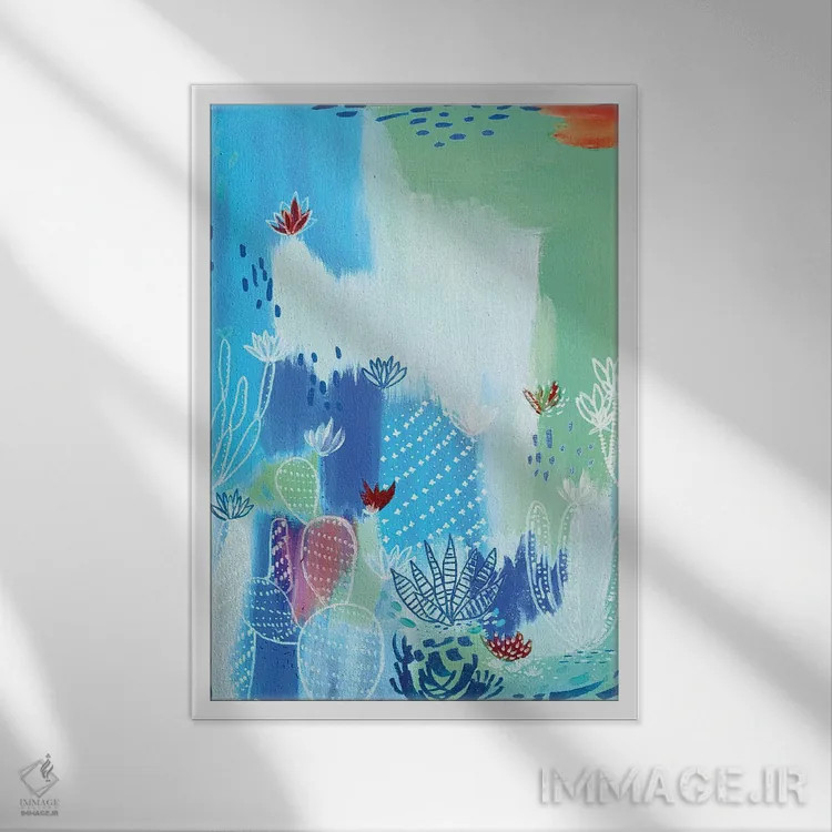 تابلو انتزاعی بیابان آبی اثر اتاوی - نمای قابدار سفید