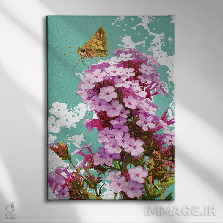 تابلو دکوراتیو پروانه اسکیپر روی گل فلوکس اثر اولیا دیزاینز - نمای روبهرو روی دیوار