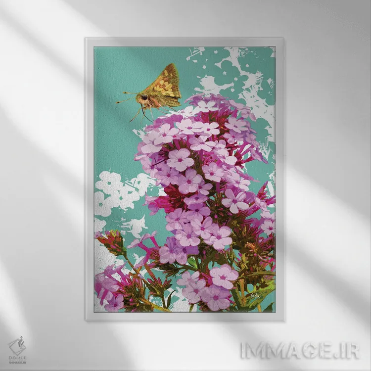 تابلو دکوراتیو پروانه اسکیپر روی گل فلوکس اثر اولیا دیزاینز - نمای قابدار سفید