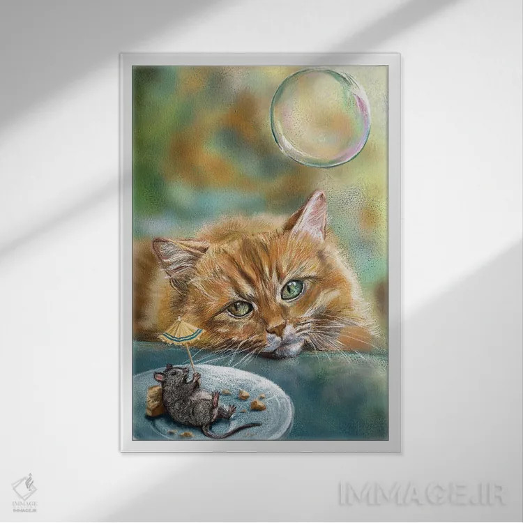 تابلو دکوراتیو گربه رویایی اثر آناستازیا اوگرافوا - نمای قابدار سفید