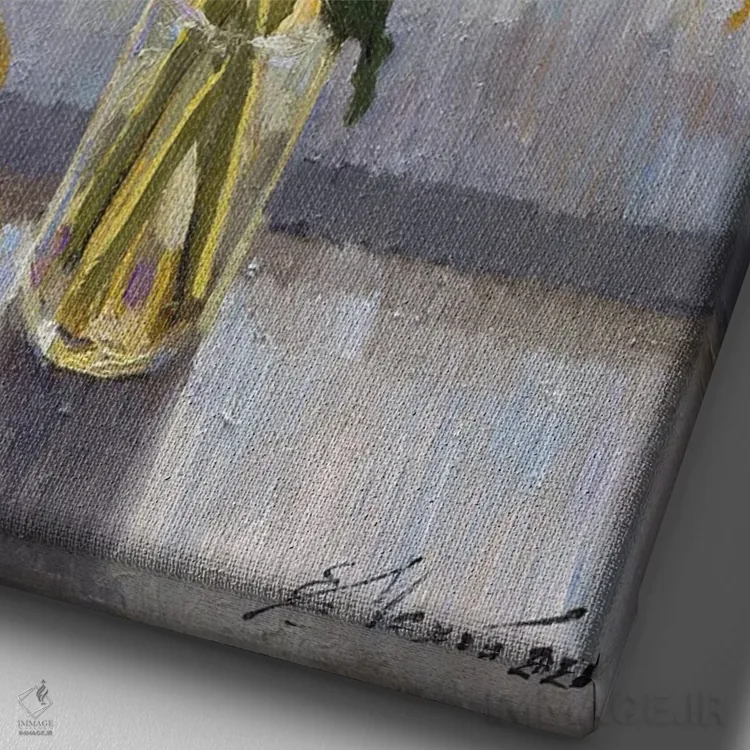 تابلو دکوراتیو آفتابگردان ها با سیب اثر اوگنیا مکانوا - نمای نزدیک بافت بوم