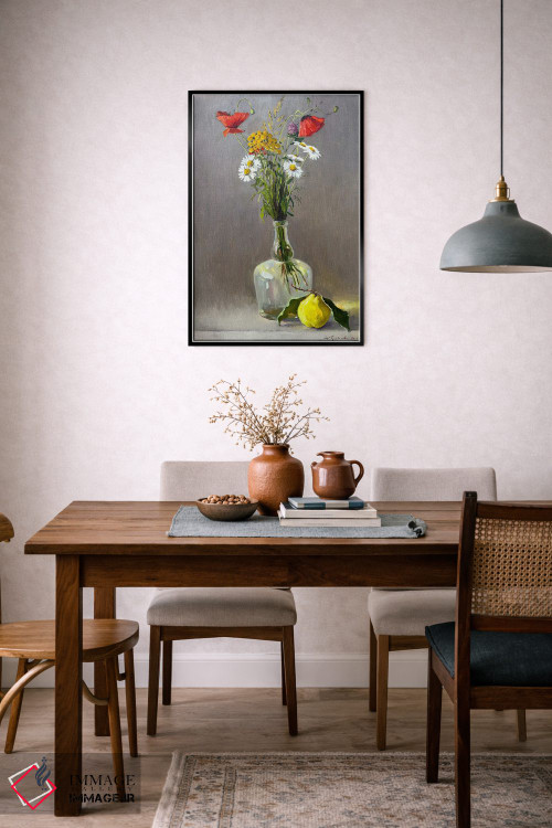 تابلو دکوراتیو طبیعت بی جان با گل های وحشی و سیب ۲ اثر اوگنیا مکانوا - D6B